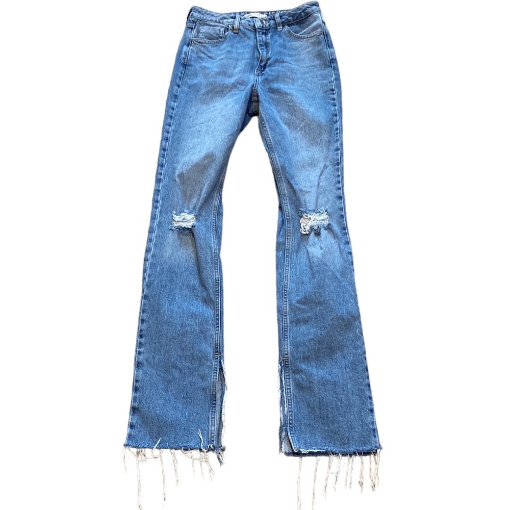 Zara High Rise Distressed Knee Raw Hem Medium Wash Flare Jeans 4